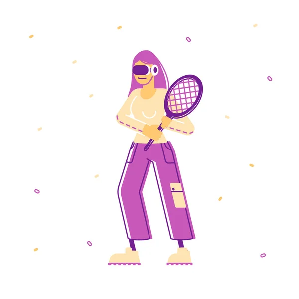 Mujer en desgaste deportivo y gafas Vr sosteniendo raqueta de tenis en manos listas para jugar juego de deporte virtual. Realidad Aumentada Entretenimiento, Recreación Ocio Dibujos Animados Vector Plano Ilustración, Línea de Arte — Vector de stock