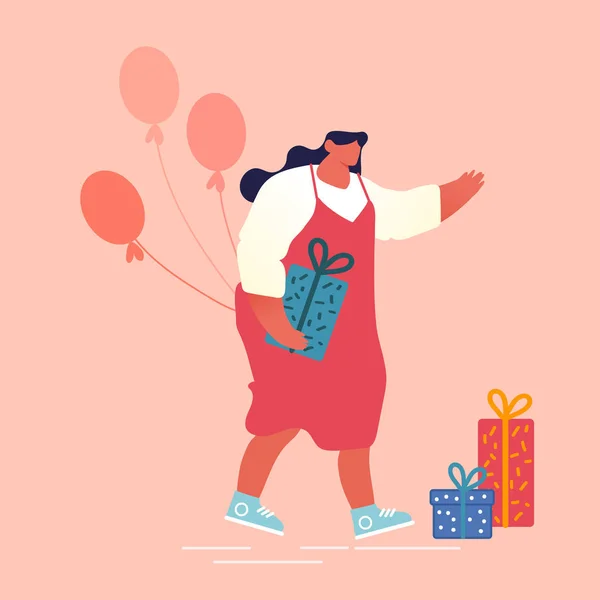 Happy Woman Holding zabalené dárkové balení a banda balónků Návštěva narozeninové události nebo oslavu Baby Shower Party. Dárkové obřad na počest dětského vzhledu karikatura ploché vektorové ilustrace — Stockový vektor