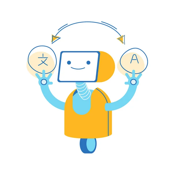 Robot traducteur de langue étrangère sur fond blanc. Ai Chatbot Support en ligne pour la traduction de documents et de livres de lecture. Illustration vectorielle de bande dessinée de technologie d'intelligence artificielle, art linéaire — Image vectorielle