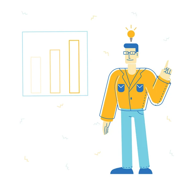 Business Man with Glowing Light Bulb above Head Stand front of Screen with Column Chart. Office Worker Having Creative Idea for Company Finance Development. Cartoon Flat Vector Illustration, Line Art — 스톡 벡터
