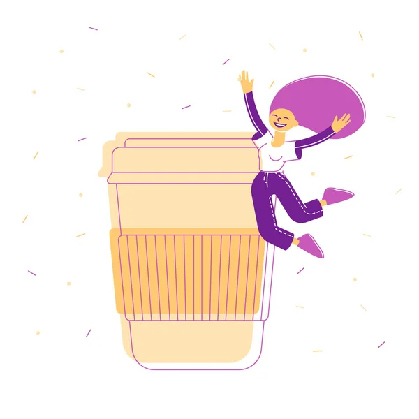 Happy Cheerful Woman Jumping with Hands Up near Huge Plastic or Cardboard Takeaway Cup. Courage, Active Lifestyle, Girl Student or Office Worker Rejoice Cartoon Flat Vector Illustration, Line Art — 스톡 벡터