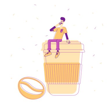 Uykucu Adam esneyerek Büyük Plastik Kupa 'da oturuyor ve kahve çekirdeği de beyaz arka planda tek başına yatıyor. Çizgi film Düz Vektör İllüstrasyonu, Çizgi Roman Sanatı İçin Sabah İçeceği ve Sıcak İçeceği