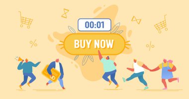 Satın Alma ve Alışveriş Simgeleri Uçuşan Mutlu İnsanlar Devasa Düğme 'nin etrafında uçuşuyor. Megaphone, Kara Cuma, Toplam Satış Konsepti Çizgi Filmi Flat Vector Illustration