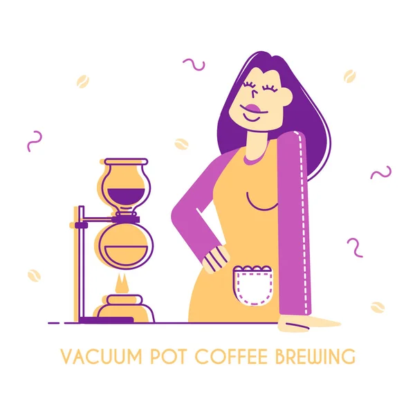 Vácuo Pot ou Syphon Coffee Making Concept. Mulher Barman ou Garçonete Demonstrar café Método de cerveja Cartaz, Menu Banner, Café Flyer ou Brochura. Desenhos animados plana Vector Ilustração, Line Art — Vetor de Stock