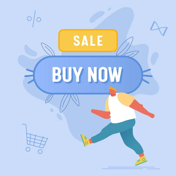 Total Sale and Festive Discount Concept. Shopaholic Male Character Walking near Huge Button with Buy Now Inscription. Happy Man Shopping Recreation, Price Off Promo. Cartoon Flat Vector Illustration — 스톡 벡터