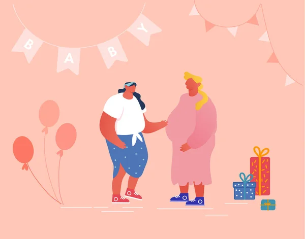 幸せな人々お祝いすぐに子供の誕生日、ベビーシャワーイベント。プレゼント付きの装飾された部屋で妊娠中の女性と話す女性キャラクター,空気風船やガーランド.漫画フラットベクトルイラスト — ストックベクタ