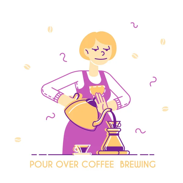 Woman Brewing Coffee Concept. Ama de casa o camarera vertiendo bebida caliente en Cezve en la cocina o en la cafetería, Bartender Work Poster Banner Flyer Folleto. Dibujos animados plana Vector Ilustración, Línea de Arte — Vector de stock