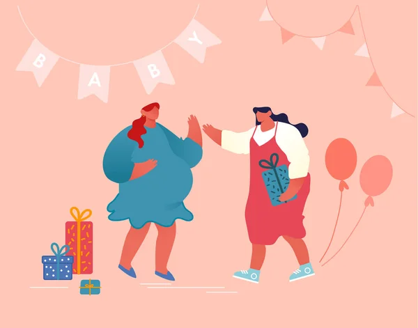 Baby Shower Event, Női karakter hozza ajándékok újszülött baba díszített Ünnepi szoba, Ajándékok a terhes nő, Boldog emberek Ünnepelni Gyermek Hamarosan Születésnap Cartoon Flat Vector Illusztráció — Stock Vector