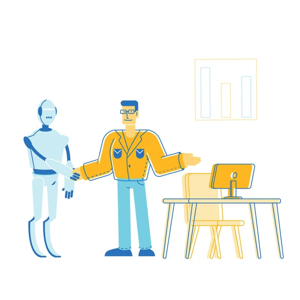 Automatisering, futuristische technologieën en concept van kunstmatige intelligentie. Robot in het menselijk leven. Boss Shaking Hand aan Cyborg Aangenomen in functie in plaats van mensen om te werken. Cartoon Flat Vector Illustratie — Stockvector