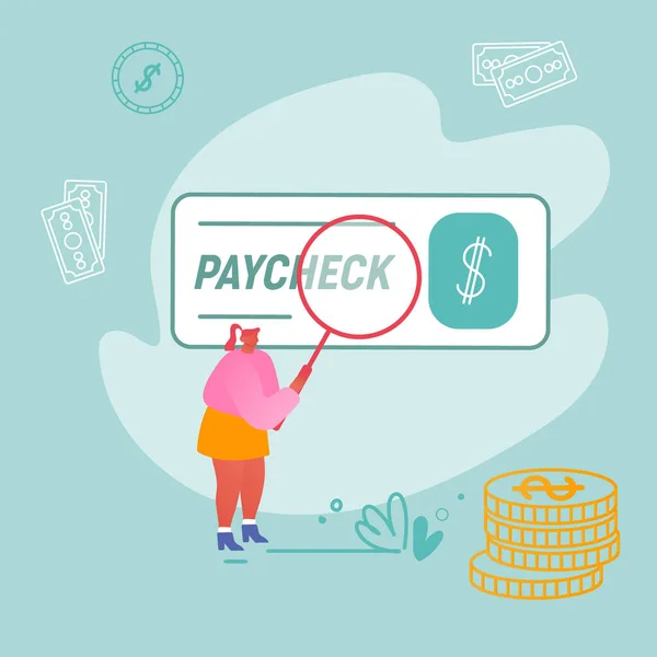 Woman with Magnifying Glass Looking on Huge Paycheck. Payday in Company, Bank Loan or Tax Payment and Lottery Win Concept. Girl Get Salary with Paper Cheque Voucher, Cartoon Flat Vector Illustration — 스톡 벡터