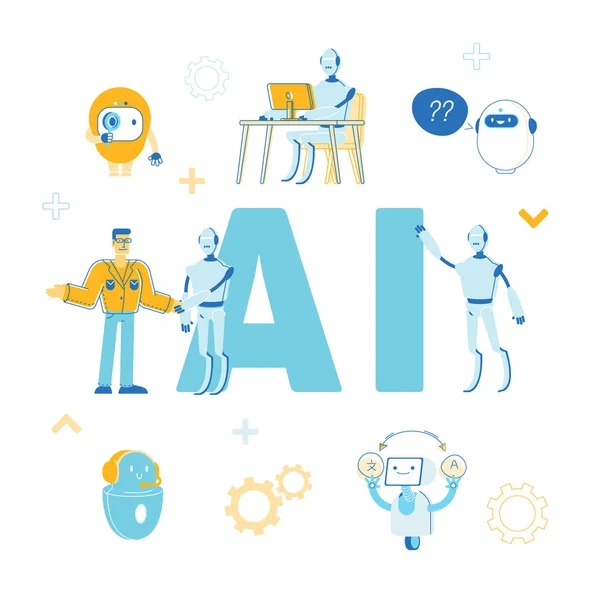 Kunstmatige Intelligentie Concept. Robots helpen mensen bij het werken op kantoor, het maken van tekstvertaling, het beantwoorden van vragen online, Ai Poster Banner Flyer Brochure. Cartoon Flat Vector Illustratie,, Line Art — Stockvector