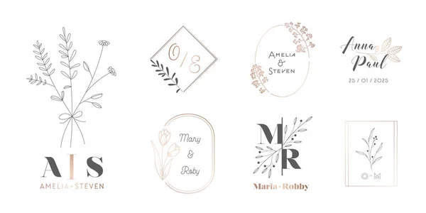 Set van Bruiloft Monogram met bloemen en takken, Logo 's met hand getekende kruiden en planten, Elegante bladeren voor uitnodiging, Save the Date Card Ontwerp Botanische rustieke Trendy groen Vector Illustratie — Stockvector