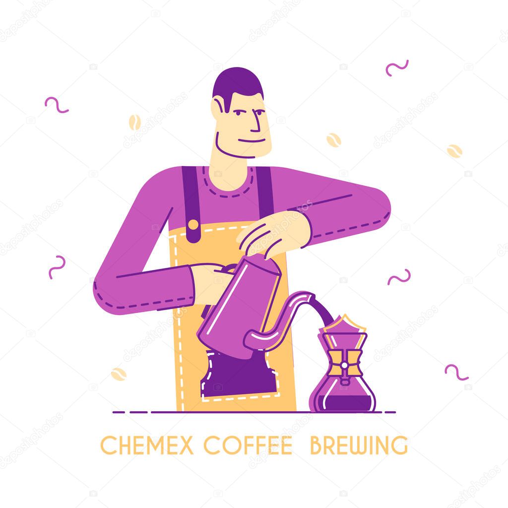 Barista Brewing Coffee Concept. Young Man Waiter or Bartender Wearing Apron Pouring Hot Drink from Kettle to Cezve, Menu Poster, Cafe Banner Flyer Brochure. Cartoon Flat Vector Illustration, Line Art