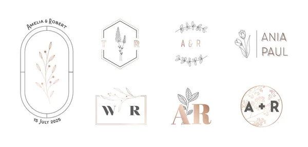 Wedding Monogram Logos Collection with Hand Drawn Flowers. Modern Minimalistic Floral Templates for Invitation Cards, Save the Date, Elegant Identity for Restaurant, Boutique, Cafe Vector Illustration — Stock Vector