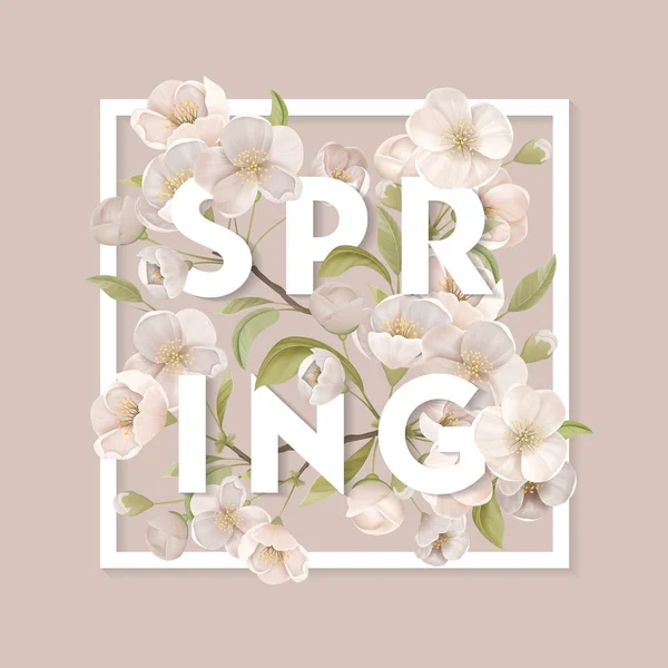 Spring Concept. Fleurs de cerisier à fleurs blanches avec feuilles et branches à l'intérieur du cadre carré sur fond beige. Affiche élégante, Brochure de flyer de bannière décorative. Illustration vectorielle plate de bande dessinée — Image vectorielle