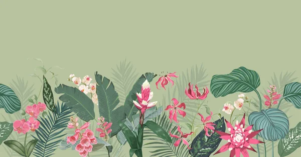 Seamless Tropical Floral Print with Exotic Flowers Guzmania Orchid Blossoms, Jungle Fern Leaves on Green Background. Rainforest Plants Wallpaper Template, Nature Textile Ornament Vector Illustration — 스톡 벡터