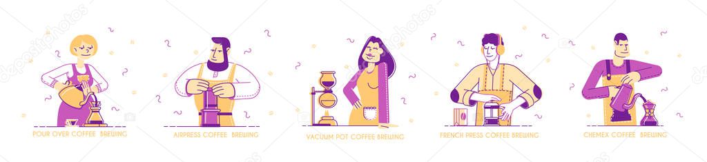 Methods of Making Coffee Concept. Male and Female Bartenders Cooking Airpress, Vacuum, French Press Brewing Coffee, Menu Poster, Banner Flyer Brochure. Cartoon Flat Vector Illustration, Line Art