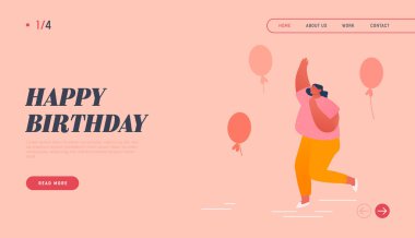 Bebek partisi ya da Doğum Günü Kutlama Sitesi İniş Sayfası. Hava Balonlu Neşeli Kadın Karakter Dansı, Yakında Bebek Görünümü Web Sayfası Afişi. Çizgi film Düz Vektör İllüstrasyonu