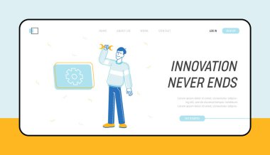 Hata Düzeltme ve Ön Uç Geliştirme Web Sitesi İniş Sayfası. Wrench Web Sayfası Afişi Tutan Bilgisayarlar için Teknik Destek Servisi Profesyonel Operatörü. Çizgi film Düz Vektör İllüstrasyonu, Satır Sanatı