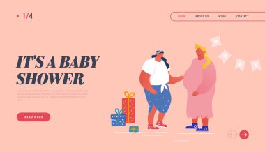 Mutlu İnsanlar Yakında Çocuk Doğumgününü Kutluyor Bebek Duşu Etkinliği Web Sitesi İniş Sayfası. Hediyeli Hamile Kadın, Hava Balonları ve Çelenkler Web Sayfası Afişi. Çizgi film Düz Vektör İllüstrasyonu
