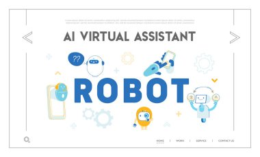 Robotlar, İnsan Hayatı Web Sitesi İniş Sayfasında Yapay Zeka. Chatbot Müşterilere Çevrimiçi Yardım Soruları, Mesaj Çevirisi, Ai Tech Web Sayfası Afişi. Çizgi film Düz Vektör İllüstrasyonu, Satır Sanatı