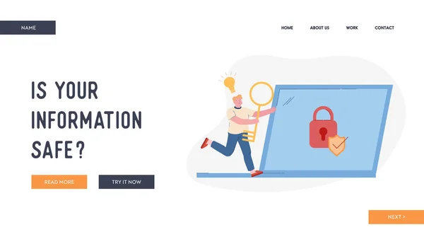 Użytkownik Zapamiętaj Utracone Konto Hasło Witryna internetowa Landing Page. Happy Man Run z ogromnym kluczem w rękach i żarówki świecące nad głową do laptopa z kłódki Web Page Banner Cartoon Flat Vector Ilustracja — Wektor stockowy