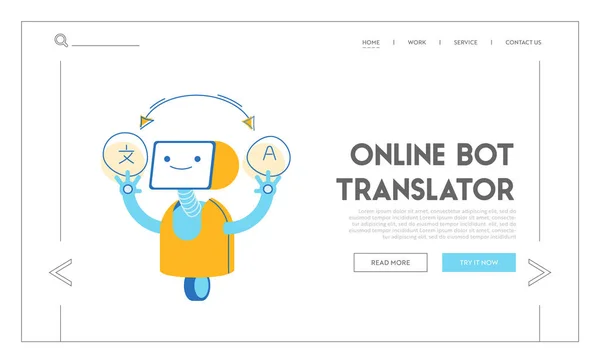 Ρομπότ Μεταφραστής Ξένων Γλωσσών Ιστοσελίδα Προσγείωσης. Ai Chatbot σε απευθείας σύνδεση υποστήριξη για το έγγραφο μεταφράσεων και την ανάγνωση του Banner τεχνολογίας βιβλίων. Κινούμενο σχέδιο επίπεδη διανυσματική απεικόνιση, γραμμή τέχνης — Διανυσματικό Αρχείο