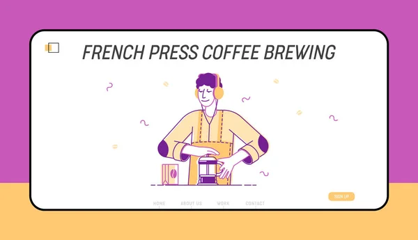 Barman ou Hipster Make Brewing French Press Coffee Website Landing Page. Café Publicité, Boissons chaudes Méthode de cuisson, Menu Café Page Web Bannière. Illustration vectorielle plate de bande dessinée, art linéaire — Image vectorielle