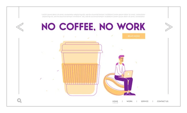 リモートフリーランスまたはオフィスワークウェブサイトランディングページ。若いヒップスターホット飲料ウェブページバナー付きの巨大なプラスチックカップの近くのコーヒー豆のラップトップで座ってください。漫画フラットベクトルイラスト,ラインアート — ストックベクタ