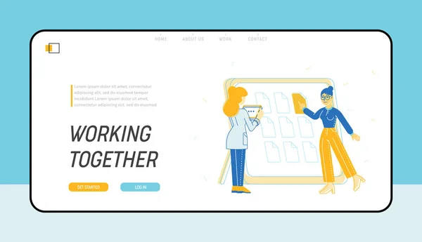 Företag Anställda Brainstorm i Office webbplats Landning sida. Affärsteam Arbeta tillsammans Planering och schemaläggning verksamhet på Big Tablet webbsida Banner. Tecknad Platt vektor Illustration, Linje konst — Stock vektor