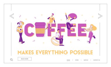 İnsanlar Kahve Sitesi İniş Sayfası İçiyor. Kadın ve erkekler içecek alıyor, uykulu öğrenci, içkili ofis çalışanları, dizüstü bilgisayarlı web sayfası afişi olan adam. Çizgi film Düz Vektör İllüstrasyonu, Satır Sanatı