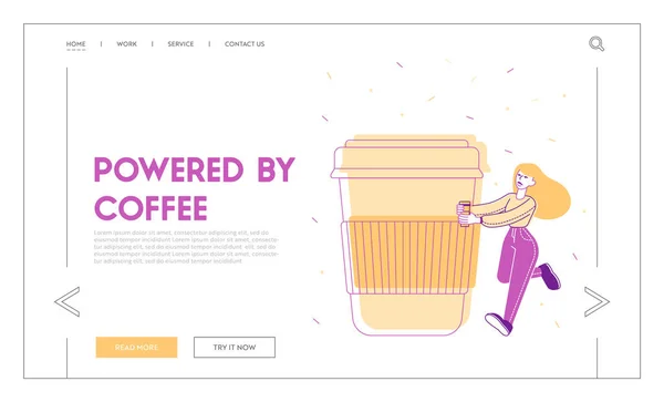 飲料ウェブサイトランディングページでコーヒーカップを保持女性.持ち帰り冷たい飲み物、ホットドリンク、ストリートフードレクリエーション、シティドエラーライフスタイルWebページバナー。漫画フラットベクトルイラスト,ラインアート — ストックベクタ
