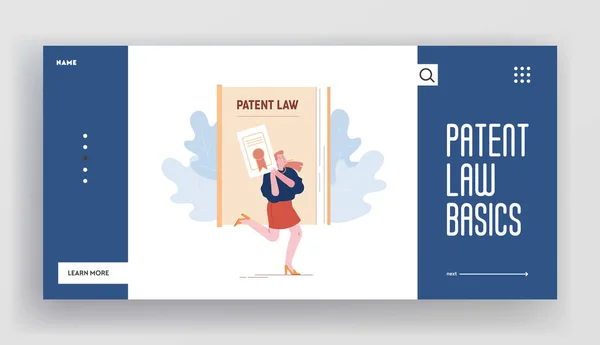 Erfindung oder Ideenfindung und Anerkennung Website Landing Page. Happy Woman Inventor or or Author Holding Copyright Patent Law Certificate with Stempel Web Page Banner. Cartoon Flat Vector Illustration — Stockvektor