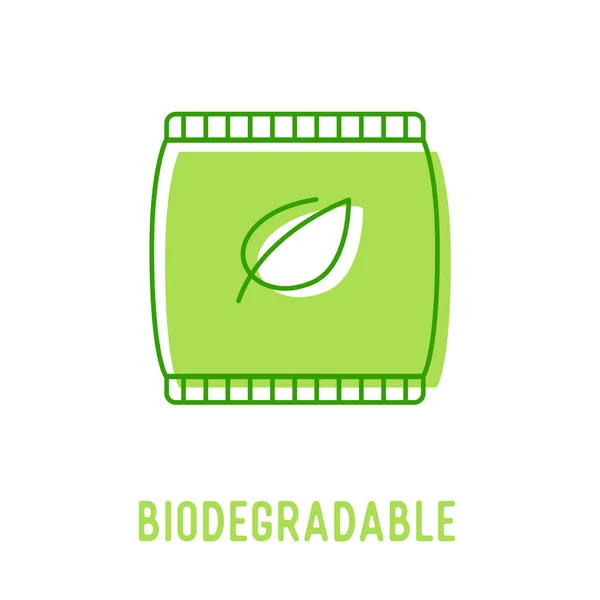 Concetto di rifiuti organici biodegradabili. Riciclaggio sacchetto di plastica con foglia verde isolato su sfondo bianco. Icona — Vettoriale Stock