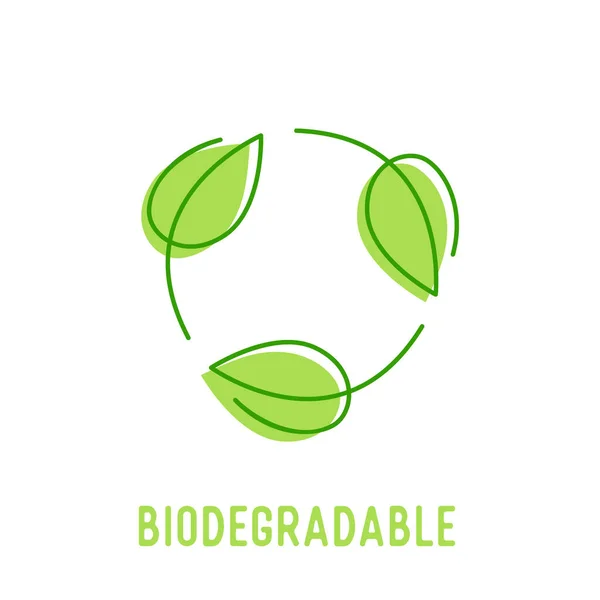 Symbole biodégradable avec feuilles vertes tournantes circulantes. Icône d'emballage en plastique recyclable compostable — Image vectorielle