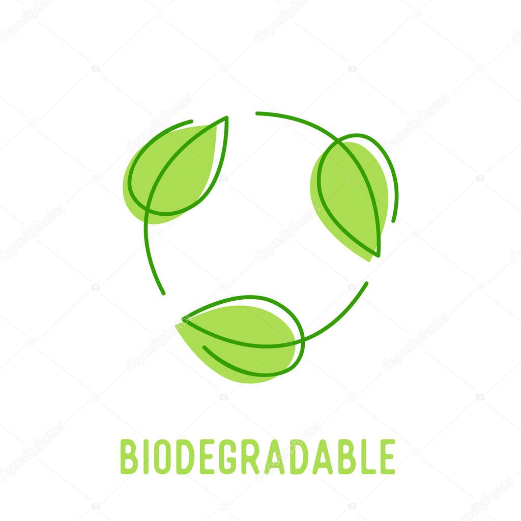 Biodegradable Symbol with Circulate Rotating Green Leaves. Compostable Recyclable Plastic Package Icon with Doodle Drawing Bio Degradable Label for Poster Banner Flyer Brochure Vector Illustration