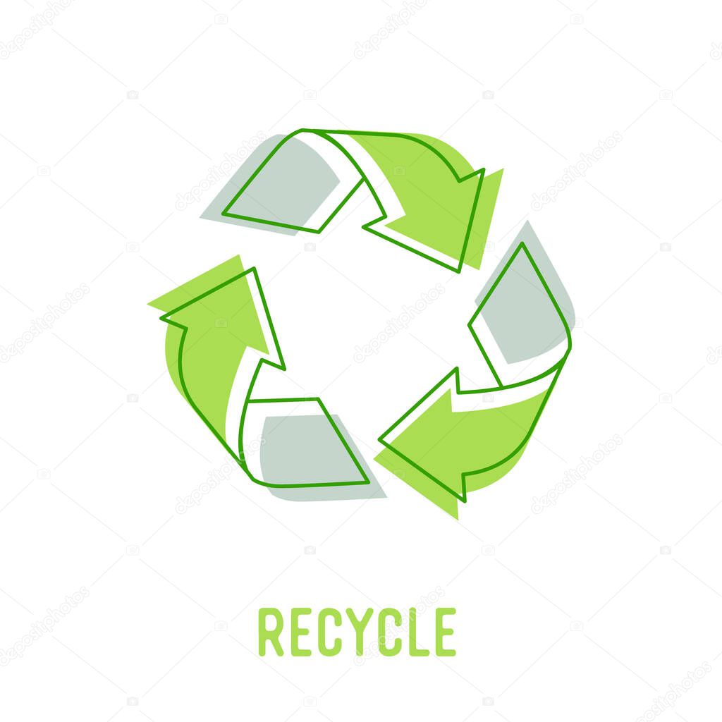 Recyclable Package Concept. Recycle Symbol of Three Green Circulate Rotating Arrows with Doodle Drawings. Garbage Transformation Process Symbol for Poster Banner Flyer Brochure. Vector Illustration