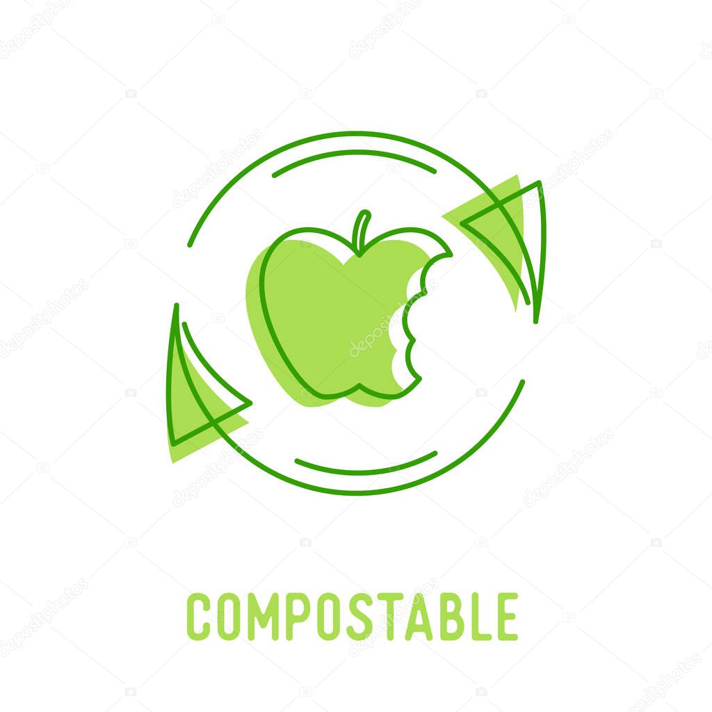 Compostable Waste Concept. Organic Trash, Food Compost Icon with Apple Stump and Recycling Rotating Arrows Sign Isolated on White Background. Ecological Fertilizer Linear Emblem Vector Illustration
