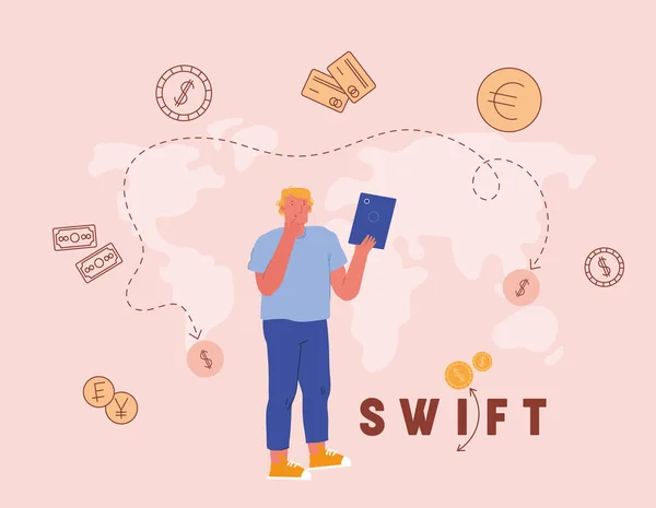 Swift, Society Worldwide Interbank Financial Telecommunication. Бизнесмен, работающий на планшете с деньгами — стоковый вектор