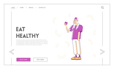 Sağlıklı Spor Yaşam Tarzı Web Sitesi İniş Sayfası. Spor Giyim 'deki Genç Adam Havluyla Boynunda Elma Yiyen Adam