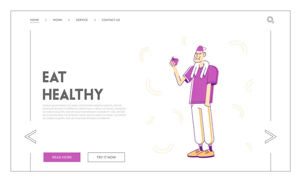 健康的なスポーツライフスタイルのウェブサイトランディングページ.スポーツウェアの若者が首にタオルをつけてアップルを食べる — ストックベクタ