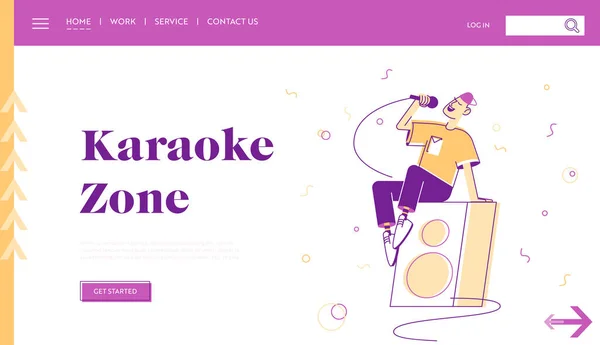 Música Entretenimiento Ocio Página web Landing Page. Joven sentado en Dynamics en el escenario cantando canción en el Karaoke Bar — Vector de stock
