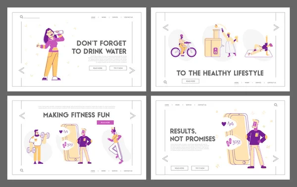 Vida Saludable, Deportes Actividad Diaria y Dieta Sitio Web Set de Landing Page. Gente practicando deporte, haciendo ejercicio en el gimnasio — Vector de stock