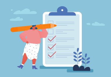 İş yaşam tarzı, zaman yönetimi. İş kadını, Yapılacaklar Listesi veya Ofisteki Ortakları ve İş Arkadaşlarını Görevlendirme Klipsli Büyük Kalem Tutuyor. Çizgi film Düz Vektör İllüstrasyonu