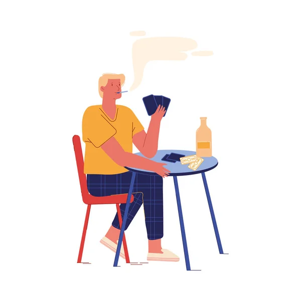 Κάπνισμα άνθρωπος με κάρτες στο χέρι κάθεται στο τραπέζι με αλκοόλ ποτό μπουκάλι. Ο αρσενικός χαρακτήρας έχει κακές συνήθειες και εθισμός παίζοντας το παιχνίδι αναψυχής δραστηριότητα, παιχνίδι κινουμένων σχεδίων επίπεδη εικονογράφηση διάνυσμα — Διανυσματικό Αρχείο