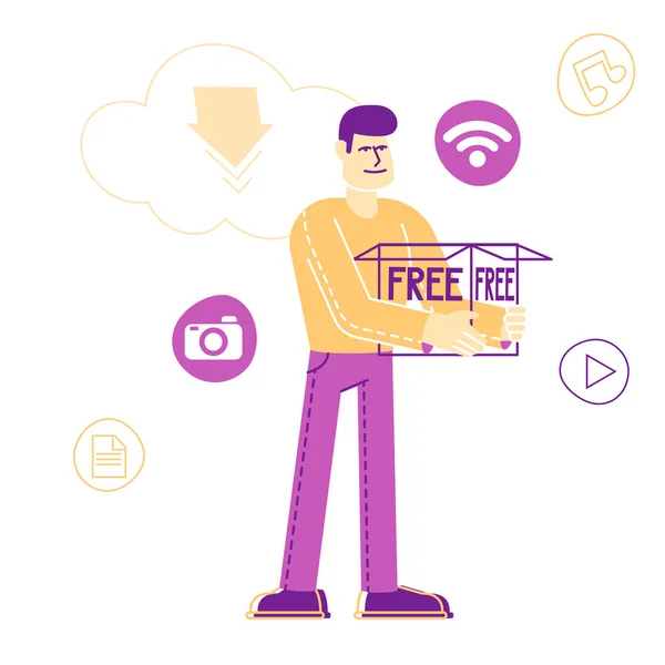 Man Holding Huge Box in Hands with Media Icons for App around. Character Using Free Download Internet and Torrent Network Services. Wireless Wifi Connection Cartoon Flat Vector Illustration, Line Art — Stock Vector