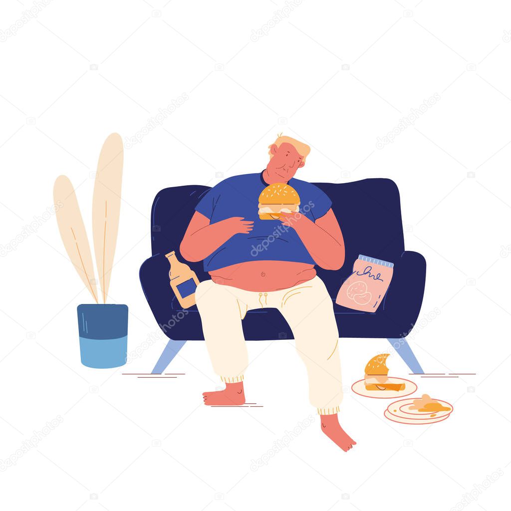 Unhealthy Eating Bad Habit Concept. Fat Man Sitting on Couch at Home with Plenty of Fast Food Contain Carbohydrates and Oils, Fastfood Addiction, Obesity Cartoon Flat Vector Illustration, Line Art