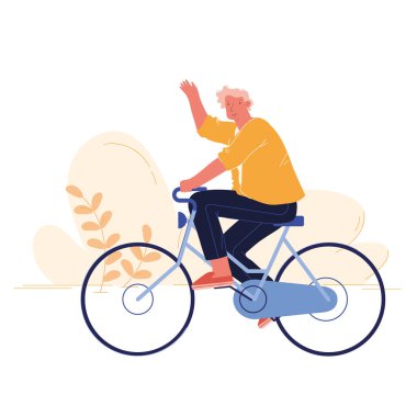 Man Bisikletçi Binicilik Bisiklet Açık Yaz Günü City Park Arka Plan üzerinde. Bisiklet Aktif Spor Yaşam ve Sağlıklı Yaşam Tarzı Etkinliği, Şehirde Ekoloji Ulaşım, Bisiklet Rider Karikatür Düz Vektör İllüstrasyon