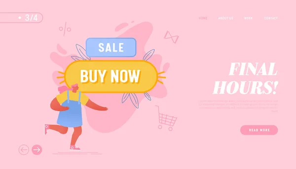 Big Sale Promo Campaign, Internet Purchase, Shopping Website Landing Page. Frau in der Nähe von Huge Buy Now Butto. Verbraucher kaufen Waren online, Mädchen Shopaholic Web-Seite Banner Cartoon Flat Vector Illustration — Stockvektor