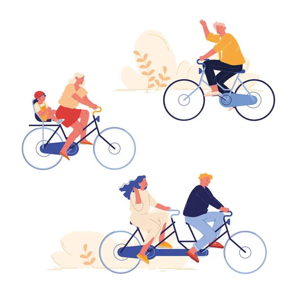 Комплект для занятий велоспортом и досугом. Мужчина и женщина на велосипеде-тандеме, велосипедист на велосипеде. Досуг и досуг для отдыхающих. Персонажи, расслабляющие карикатуру Плоская векторная иллюстрация — стоковый вектор